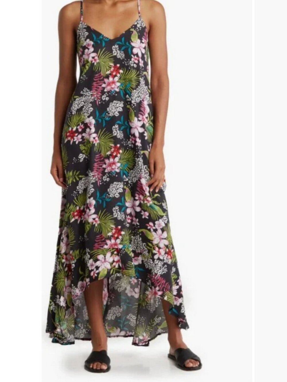 BOHO ME Leaf Printed Hi-Lo Flounce Hem Dress - Size Medium